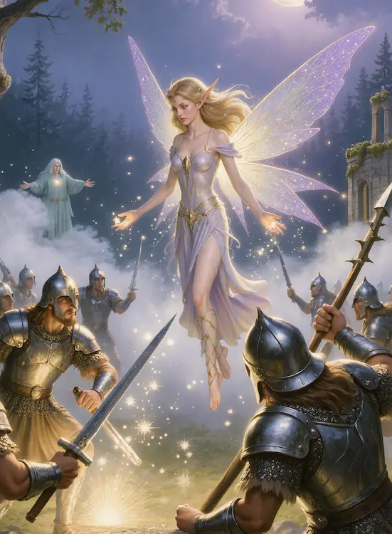 Full art fantasy artwork for ROT-161 Beautiful and Terrible from the Heroes and Spells expansion, showing a radiant fairy confronting armed soldiers with powerful magic in Thaloria.