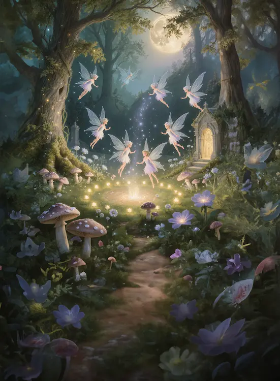 Full art fantasy artwork for ROT-162 Fairy Ring from the Heroes and Spells expansion, showing fairies dancing in a glowing magical ring in an enchanted forest of Thaloria.