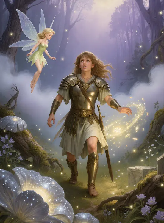 Full art fantasy artwork for ROT-163 Mercy Remembered from the Heroes and Spells expansion, showing a fairy guiding a young warrior through an enchanted forest in Thaloria.