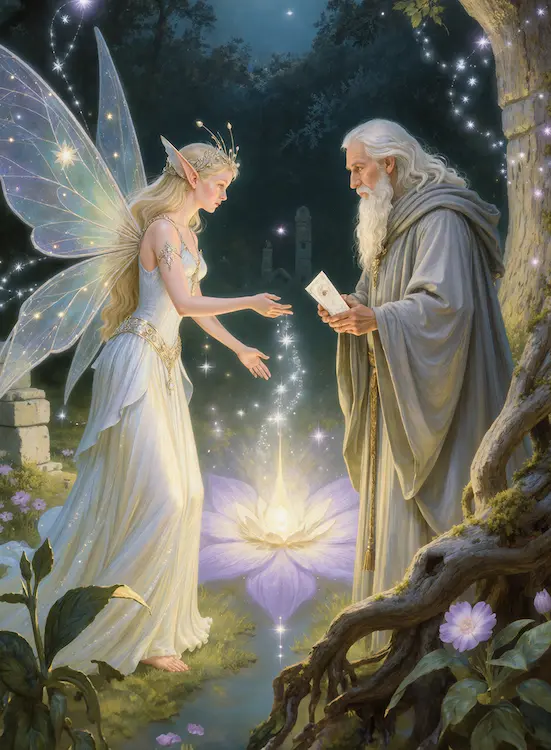 Full art fantasy artwork for ROT-164 Glimmer Court Pact from the Heroes and Spells expansion, showing a fairy making a magical pact with a robed elder in Thaloria.