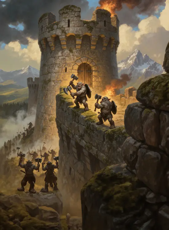 Full art fantasy artwork for ROT-166 Stonehaven Walls from the Heroes and Spells expansion, showing dwarven warriors defending a stone fortress wall in Thaloria.