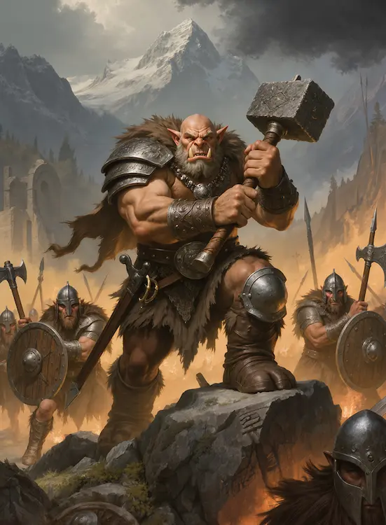 Full art fantasy artwork for ROT-167 The Mountain Stands from the Heroes and Spells expansion, showing a mighty mountain warrior with a war hammer standing firm in battle in Thaloria.