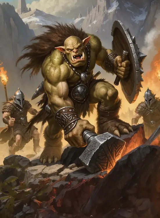Full art fantasy artwork for ROT-168 Grulk’s Grip from the Heroes and Spells expansion, showing a massive green-skinned warrior crushing stone with a heavy hammer in Thaloria.