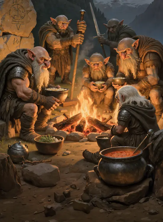 Full art fantasy artwork for ROT-169 Rock-Root Supper from the Heroes and Spells expansion, showing troll warriors gathered around a campfire meal in the mountain lands of Thaloria.