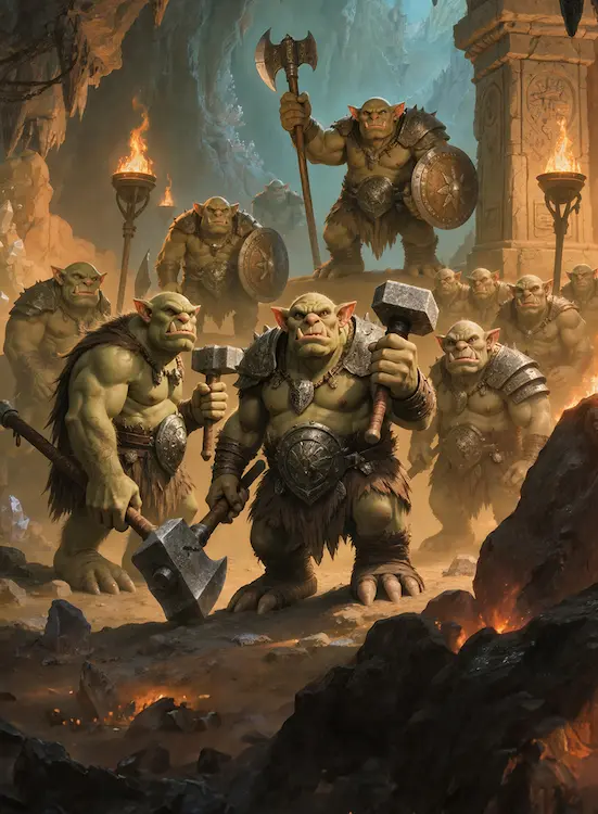 Full art fantasy artwork for ROT-170 Cavern Muster from the Heroes and Spells expansion, showing troll warriors gathering for battle inside a torch-lit cavern in Thaloria.