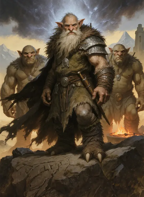 Full art fantasy artwork for ROT-172 Stonefang Hide from the Heroes and Spells expansion, showing the troll elder Stonefang leading powerful mountain warriors in Thaloria.