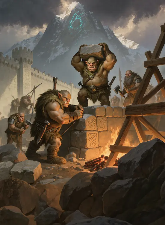 Full art fantasy artwork for ROT-173 Dwarf-Troll Masonry from the Heroes and Spells expansion, showing trolls and dwarfs building a stone wall together in the mountain lands of Thaloria.