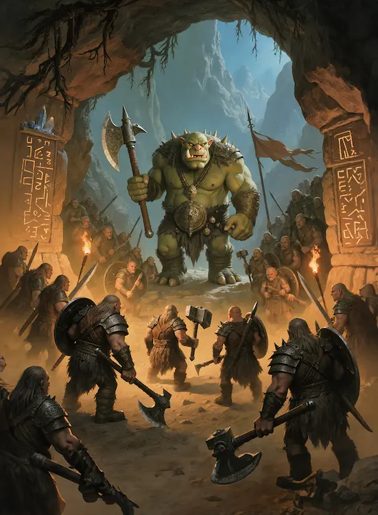 Full art fantasy artwork for ROT-174 Hollowed Cave from the Heroes and Spells expansion, showing a massive troll standing inside a rune-carved cavern as warriors gather in Thaloria.