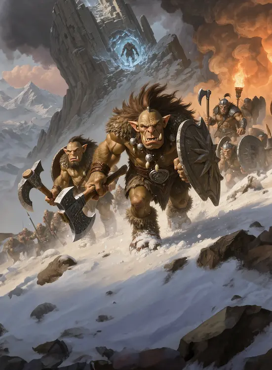 Full art fantasy artwork for ROT-175 Avalanche Path from the Heroes and Spells expansion, showing troll warriors charging through a snowy mountain pass in Thaloria.