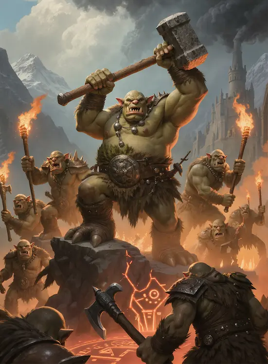 Full art fantasy artwork for ROT-176 Mountain’s Answer from the Heroes and Spells expansion, showing a powerful troll warrior raising a stone hammer as mountain clans gather for battle in Thaloria.