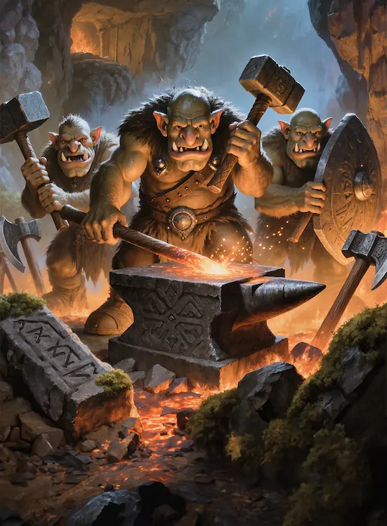 Full art fantasy artwork for ROT-177 Hammer Song from the Heroes and Spells expansion, showing troll smiths forging weapons with heavy hammers in a cavern of Thaloria.