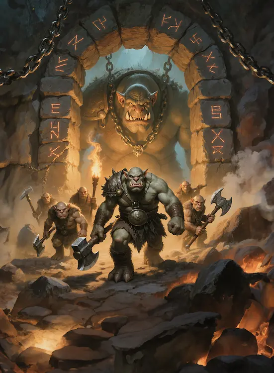 Full art fantasy artwork for ROT-178 Stonehaven Gate from the Heroes and Spells expansion, showing troll warriors charging through a rune-carved stone gate in Thaloria.