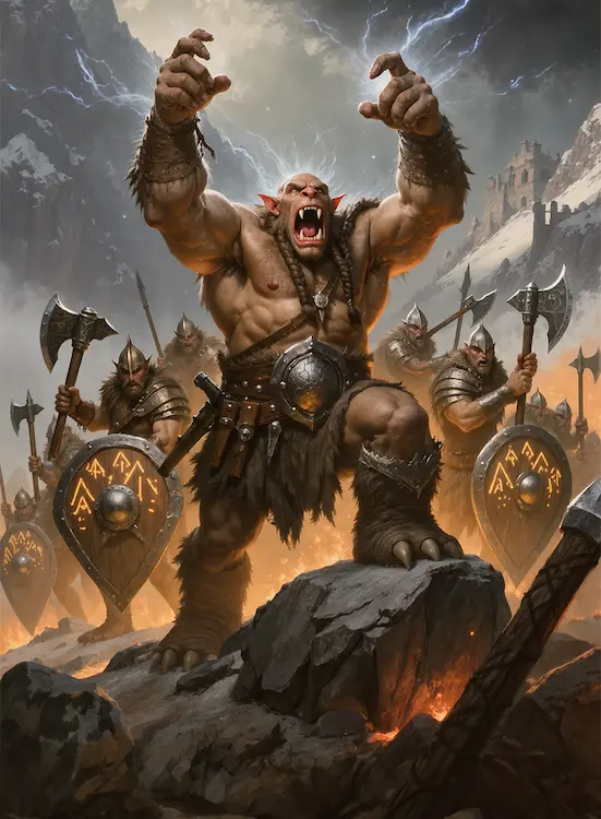 Full art fantasy artwork for ROT-179 Ironhide Roar from the Heroes and Spells expansion, showing a massive troll warrior roaring above the battlefield in Thaloria.